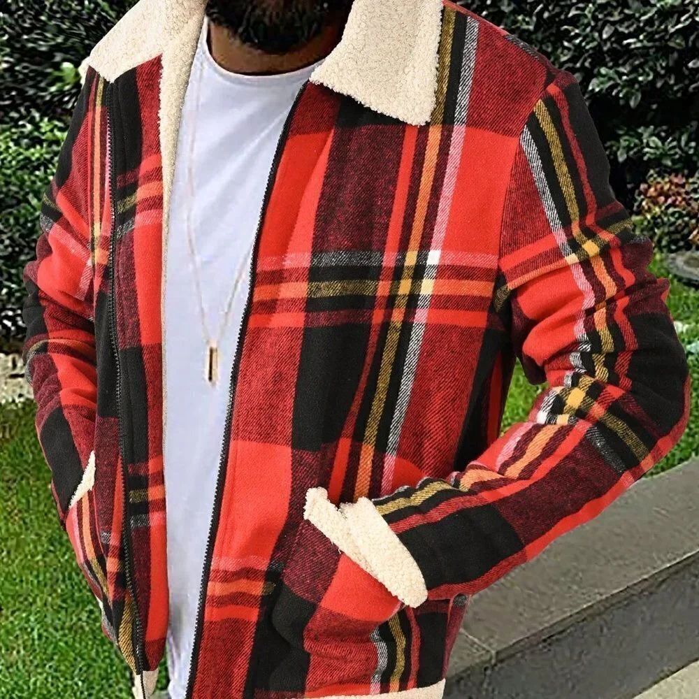 Red Casual Mens Plaid Print Borg Collar Teddy Lined Overcoat